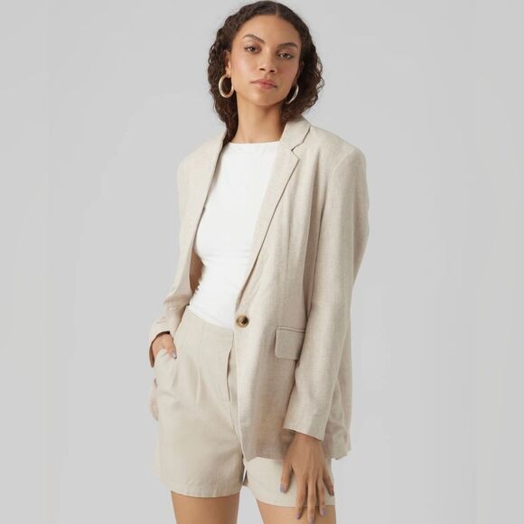 NWT Ellen Tracy Linen Relaxed Fit Oversized Blazer Jacket in Oatmeal Twill L - Picture 1 of 12